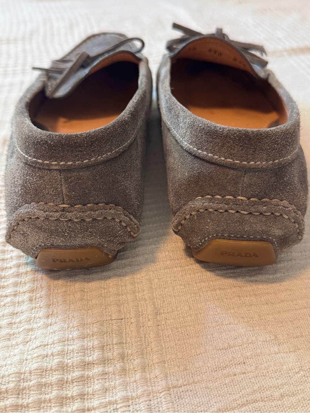 Prada Gray Suede Driving Mocassins with Gold Logo - Picture 5 of 7